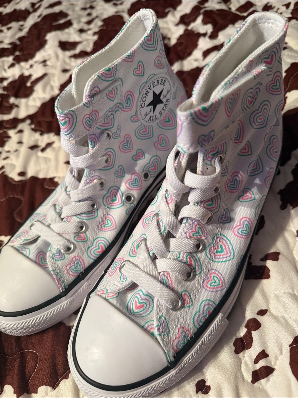 Converse Kids White High-Top Sneakers with Pink & Teal Heart Print